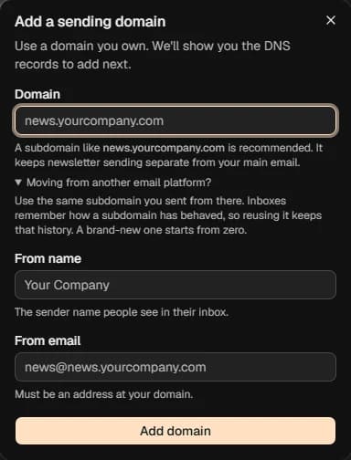 The Add a sending domain dialog in day3, with fields for domain, From name and From email, and a note on reusing the subdomain from your old platform.