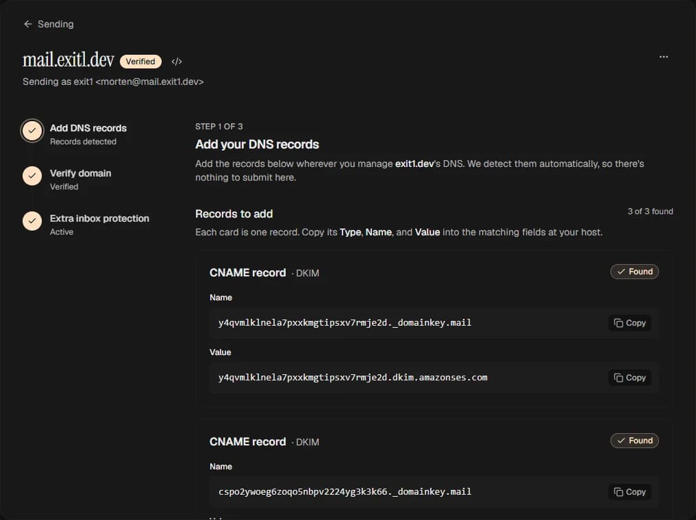 The DNS records step for a domain in day3, listing DKIM CNAME records with copy buttons and a Found badge on each.