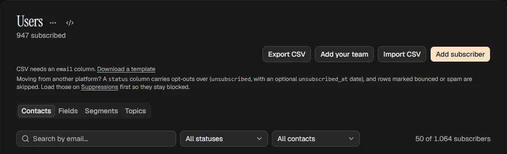 An audience in day3 with the Import CSV button and the note on carrying opt-outs over from another platform. The subscriber list is hidden.