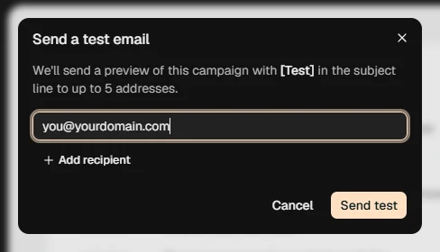 The Send a test email dialog in day3, with one recipient address filled in and a Send test button.